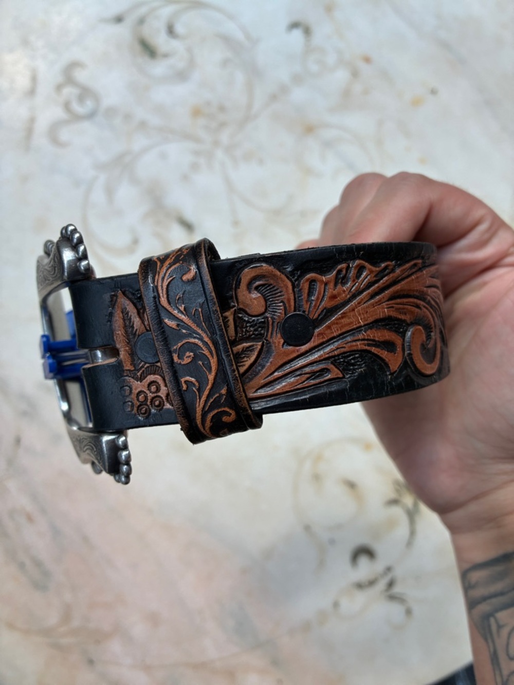 Tony Lama Brown Tooled Leather Western Belt with Decorative Buckle Sz S - Picture 9 of 12